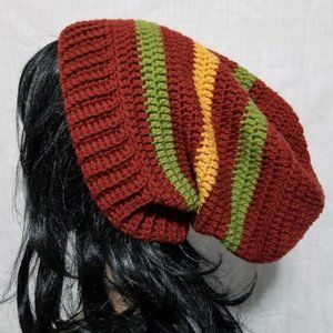Handmade Crochet Maroon, Green, Gold Unisex Adult Slouchy Beanie, Hat, Cap
